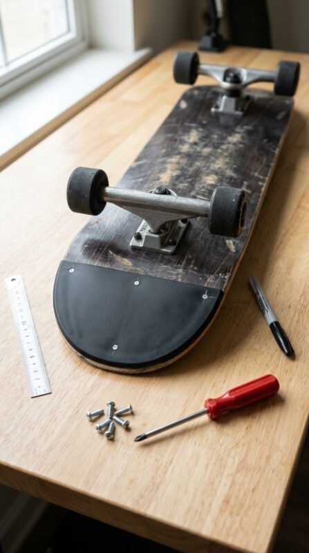 Skateboard skid plate repair setup