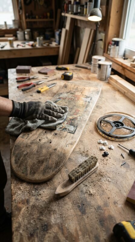 10 DIY Skateboard Lamp: Turn an Old Deck into Room Decor 3 Cleaning old skateboard deck