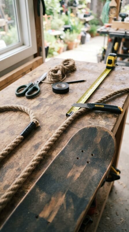 10 Skateboard Swing DIY Ideas for Old Decks 6 Cutting rope for swing