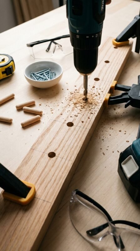 Drilling holes in wooden board