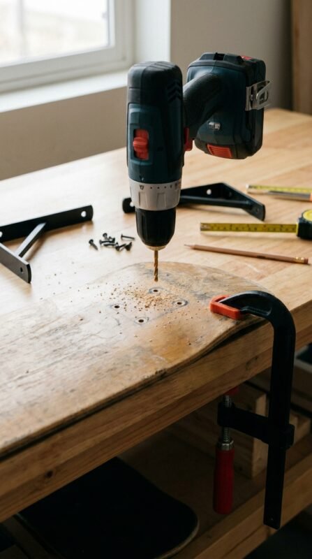 Skateboard Shelf DIY: Turn an Old Deck into Wall Storage 6 Drilling pilot holes skateboar