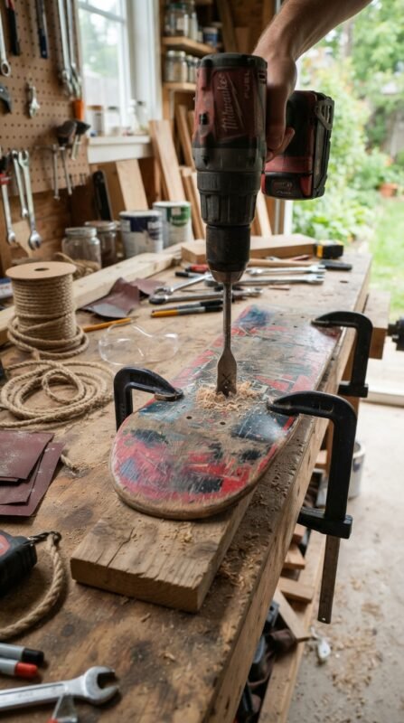 10 Skateboard Swing DIY Ideas for Old Decks 5 Drilling rope holes skateboard deck
