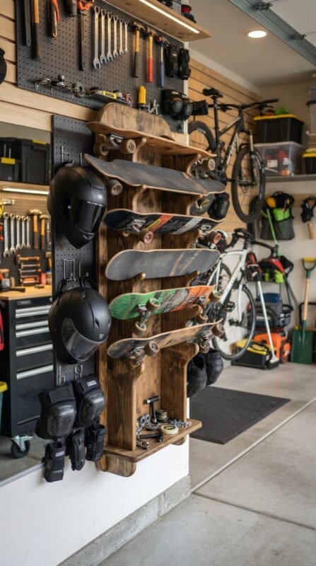 Garage skateboard rack storag