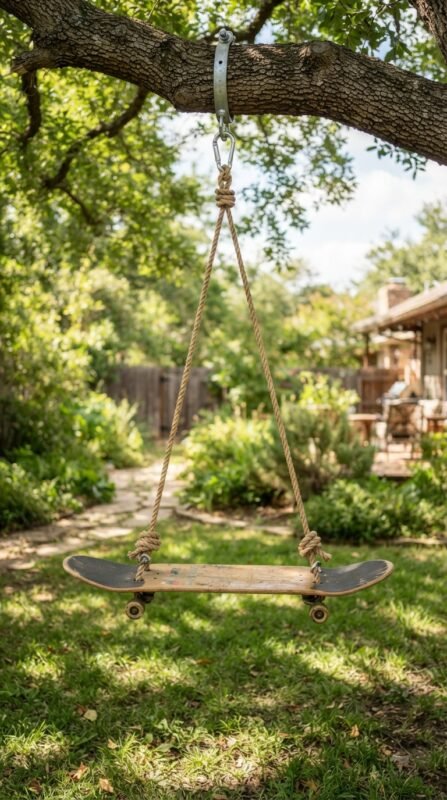 10 Skateboard Swing DIY Ideas for Old Decks 10 Hang skateboard swing from branch 1