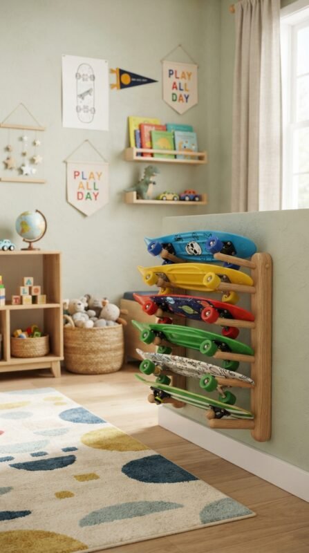 Kid friendly skateboard rack stored