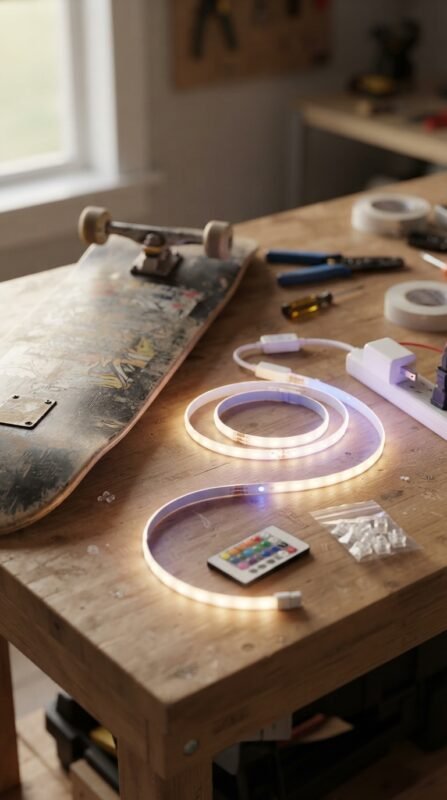 10 DIY Skateboard Lamp: Turn an Old Deck into Room Decor 5 LED lights tested on workbench 202607031505