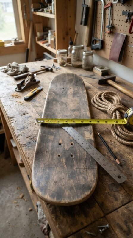 10 Skateboard Swing DIY Ideas for Old Decks 4 Marking rope holes on skateboard