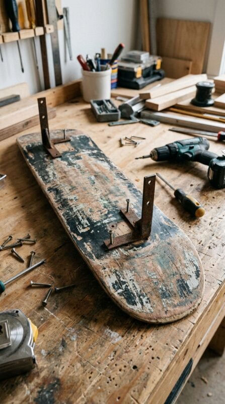 Skateboard Shelf DIY: Turn an Old Deck into Wall Storage 7 Metal brackets attached skateboard