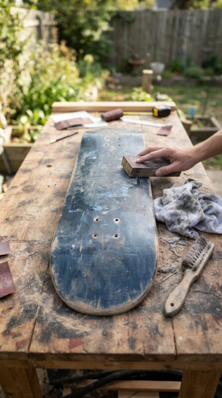 10 Skateboard Swing DIY Ideas for Old Decks 3 Old skateboard deck cleaned sanded