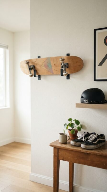Simple wall hook skateboard rack