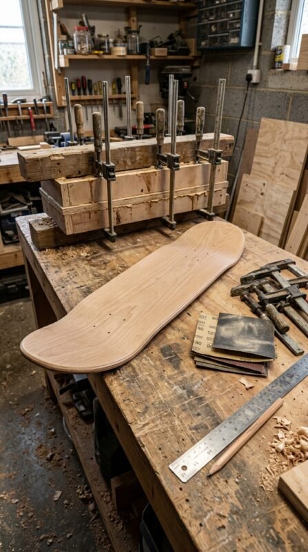 Skateboard deck blank on workbench