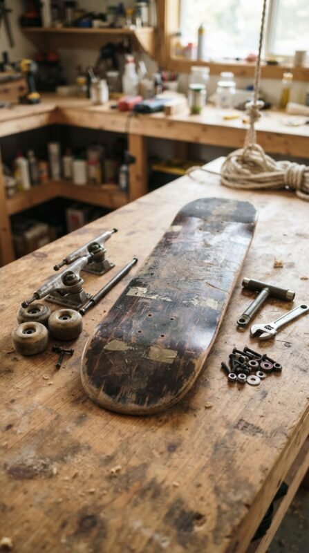 10 Skateboard Swing DIY Ideas for Old Decks 2 Skateboard deck prepared for swing