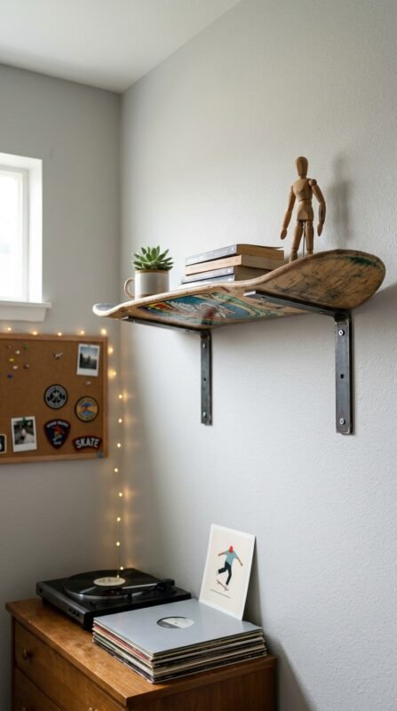 Skateboard Shelf DIY: Turn an Old Deck into Wall Storage 10 Skateboard deck shelf on wall