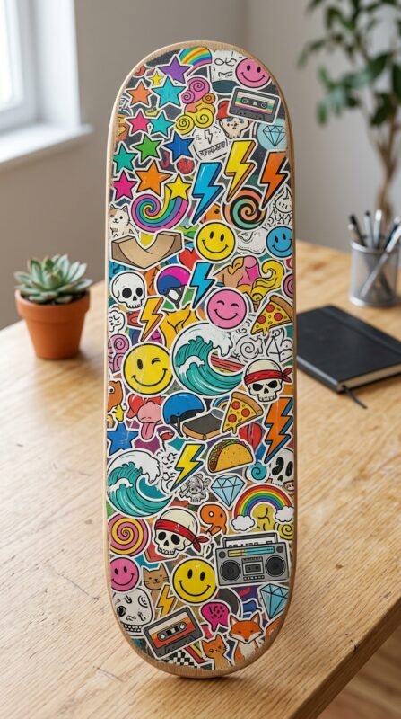 15 Skateboard Art Ideas Deck and Wall Decor 4 Skateboard deck sticker bomb