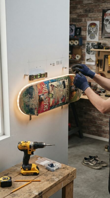 10 DIY Skateboard Lamp: Turn an Old Deck into Room Decor 9 Skateboard lamp mounted on walll