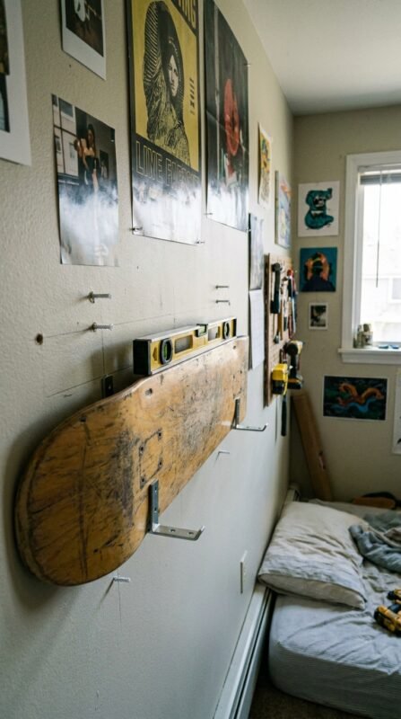 Skateboard Shelf DIY: Turn an Old Deck into Wall Storage 8 Skateboard shelf positioned