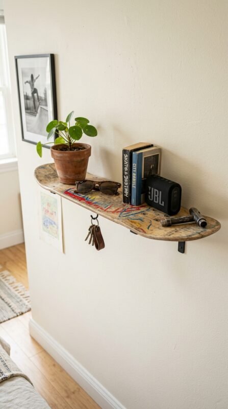 Skateboard Shelf DIY: Turn an Old Deck into Wall Storage 11 Skateboard shelf with items