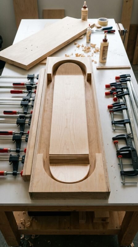 Skateboard veneer layers in mold