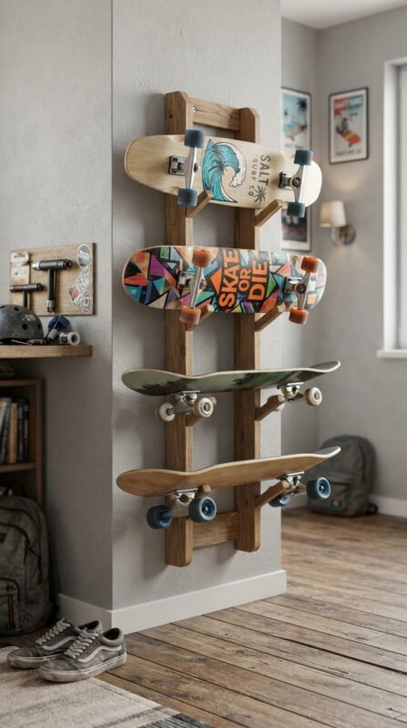 Vertical skateboard rack storage