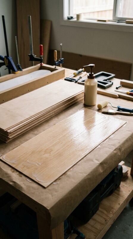 Wood glue applied to veneer