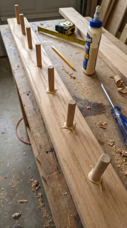 Wooden pegs attached to skateboa