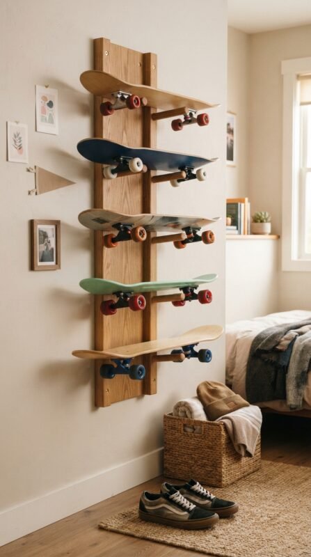 Wooden skateboard rack with pegs